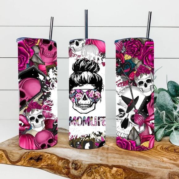 Skull Mom Life 20oz Tumbler With Metal Straw - Picture 2 of 3